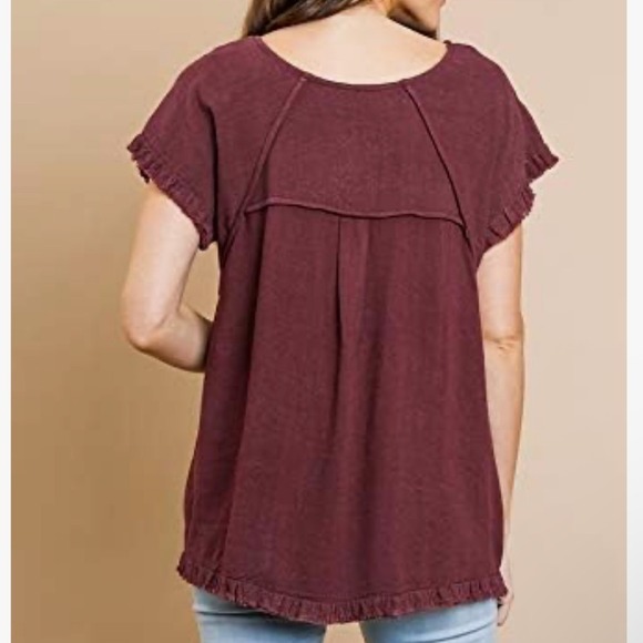 UMGEE | Burgundy Linen Blend Fringe Casual Short Sleeve Boho Tunic Top, Size M - Picture 2 of 8